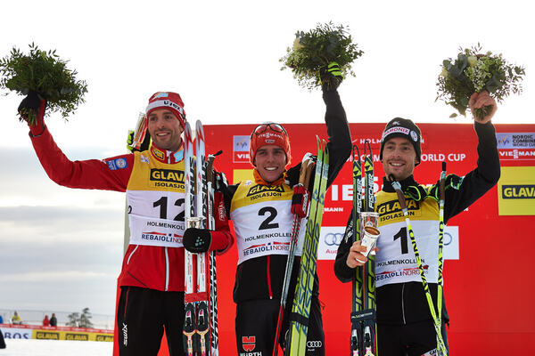 08.03.2014, Oslo, Norway (NOR): Magnus Moan (NOR), Johannes Rydzek (GER), Francois Braud (FRA), (l-r)- FIS world cup nordic combined, individual gundersen HS134/10km, Oslo (NOR). www.nordicfocus.com. © Laiho/NordicFocus. Every downloaded picture is fee- NordicFocus