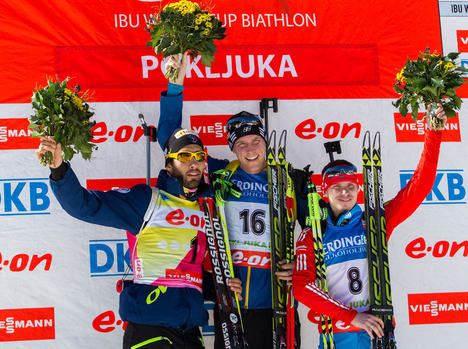 09.03.2014, Pokljuka, Slovenia (SLO): Martin Fourcade (FRA), Bjoern Ferry (SWE), Evgeny Ustyugov (RUS)- IBU world cup biathlon, mass men, Pokljuka (SLO). www.nordicfocus.com. © Manzoni/NordicFocus. Every downloaded picture is fee-liable. NordicFocus 09.03.2014, Pokljuka, Slovenia (SLO): Martin Fourcade (FRA), Bjoern Ferry (SWE), Evgeny Ustyugov (RUS)- IBU world cup biathlon, mass men, Pokljuka (SLO). www.nordicfocus.com. © Manzoni/NordicFocus. Every downloaded picture is fee-liable.