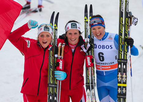 09.03.2014, Oslo, Norway (NOR): (l-r) Therese Johaug (NOR), Fischer, Swix, Rottefella, Marit Bjoergen (NOR), Fischer, Swix, Rottefella and Kerttu Niskanen (FIN), Fischer, Yoko, Rottefella, Craft- FIS world cup cross-country, mass women, Oslo (NOR). www.n NordicFocus 09.03.2014, Oslo, Norway (NOR): (l-r) Therese Johaug (NOR), Fischer, Swix, Rottefella, Marit Bjoergen (NOR), Fischer, Swix, Rottefella and Kerttu Niskanen (FIN), Fischer, Yoko, Rottefella, Craft- FIS world cup cross-country, mass women, Oslo (NOR). www.n