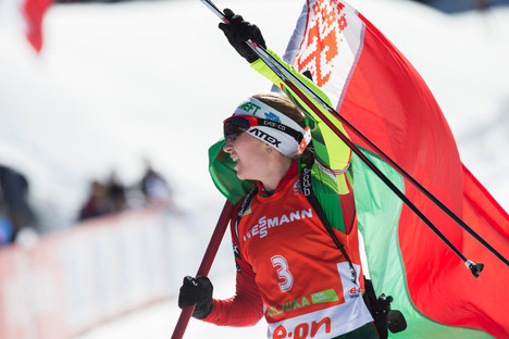 09.03.2014, Pokljuka, Slovenia (SLO): Darya Domracheva (BLR)- IBU world cup biathlon, mass women, Pokljuka (SLO). www.nordicfocus.com. © Manzoni/NordicFocus. Every downloaded picture is fee-liable. NordicFocus 09.03.2014, Pokljuka, Slovenia (SLO): Darya Domracheva (BLR)- IBU world cup biathlon, mass women, Pokljuka (SLO). www.nordicfocus.com. © Manzoni/NordicFocus. Every downloaded picture is fee-liable.