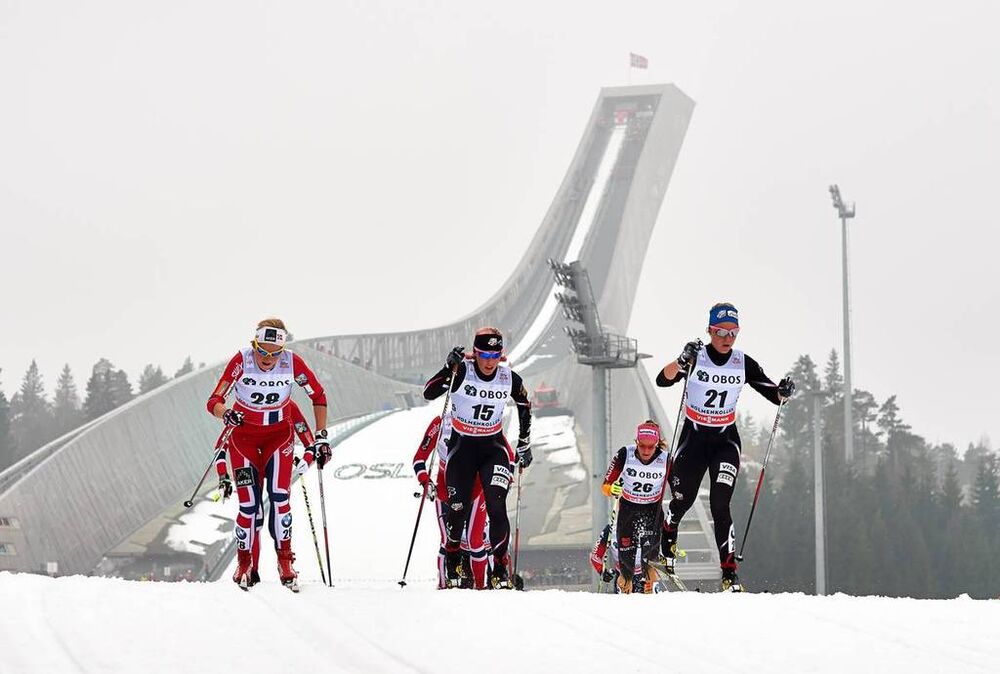 09.03.2014, Oslo, Norway (NOR): Marthe Kristoffersen (NOR), Kikkan Randall (USA), Nicole Fessel (GER), Sadie Bjornsen (USA), (l-r)- FIS world cup cross-country, mass women, Oslo (NOR). www.nordicfocus.com. © Felgenhauer/NordicFocus. Every downloaded pic