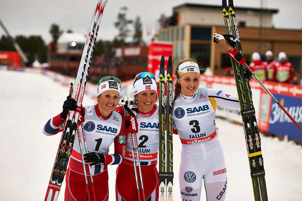 14.03.2014, Falun, Sweden (SWE): Ingvild Flugstad Oestberg (NOR), Marit Bjoergen (NOR), Stina Nilsson (SWE), (l-r)- FIS world cup cross-country, individual sprint, Falun (SWE). www.nordicfocus.com. © Felgenhauer/NordicFocus. Every downloaded picture is