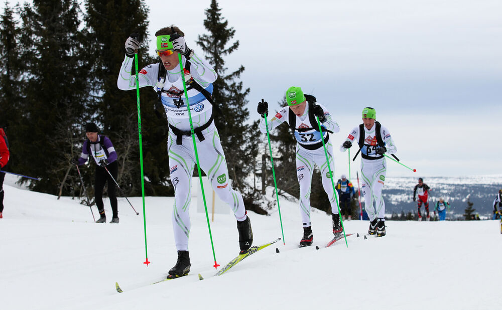 17.03.2012, Rena, Norway (NOR): Kjetil Hagtvedt Dammen (NOR), Team X-tra Personell, Fischer, KV+, Rottefella follwed gy Anders Hoest (NOR) Team X-tra Personell and Stian Andresen (NOR), Team X-tra Personell- FIS Marathon Cup Birkebeinerrennet, Rena (NOR)