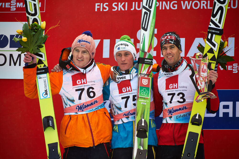 23.03.2014, Planica, Slovenia (SLO): Severin Freund (GER), Peter Prevc (SLO), Anders Bardal (NOR) (l-r)- FIS world cup ski jumping, individual HS139, Planica (SLO). www.nordicfocus.com. © Felgenhauer/NordicFocus. Every downloaded picture is fee-liable.