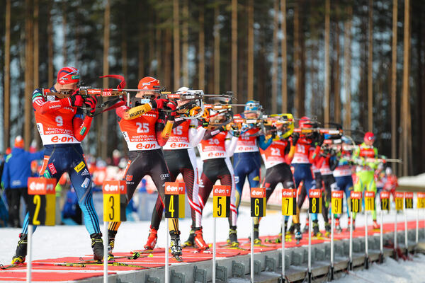 16.03.2014, Kontiolahti, Finland (FIN): (l-r) Simon Eder (AUT), Fischer, Rottefella, Swix, Dmitry Malyshko (RUS), Fischer, Rottefella, Alpina, Leki, adidas, Arnd Peiffer (GER), Fischer, Salomon, OneWay, adidas- IBU world cup biathlon, pursuit men, Kontio NordicFocus