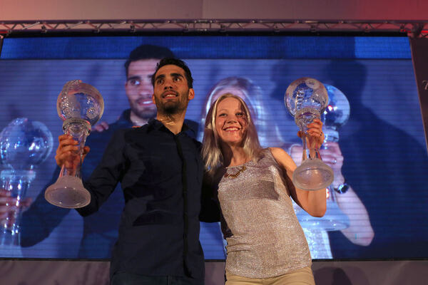 23.03.2014, Oslo, Norway (NOR): Martin Fourcade (FRA), Kaisa Maekaeraeinen (FIN)- IBU world cup biathlon Holmenkollen, cups, Oslo (NOR). www.nordicfocus.com. © Manzoni/NordicFocus. Every downloaded picture is fee-liable. NordicFocus
