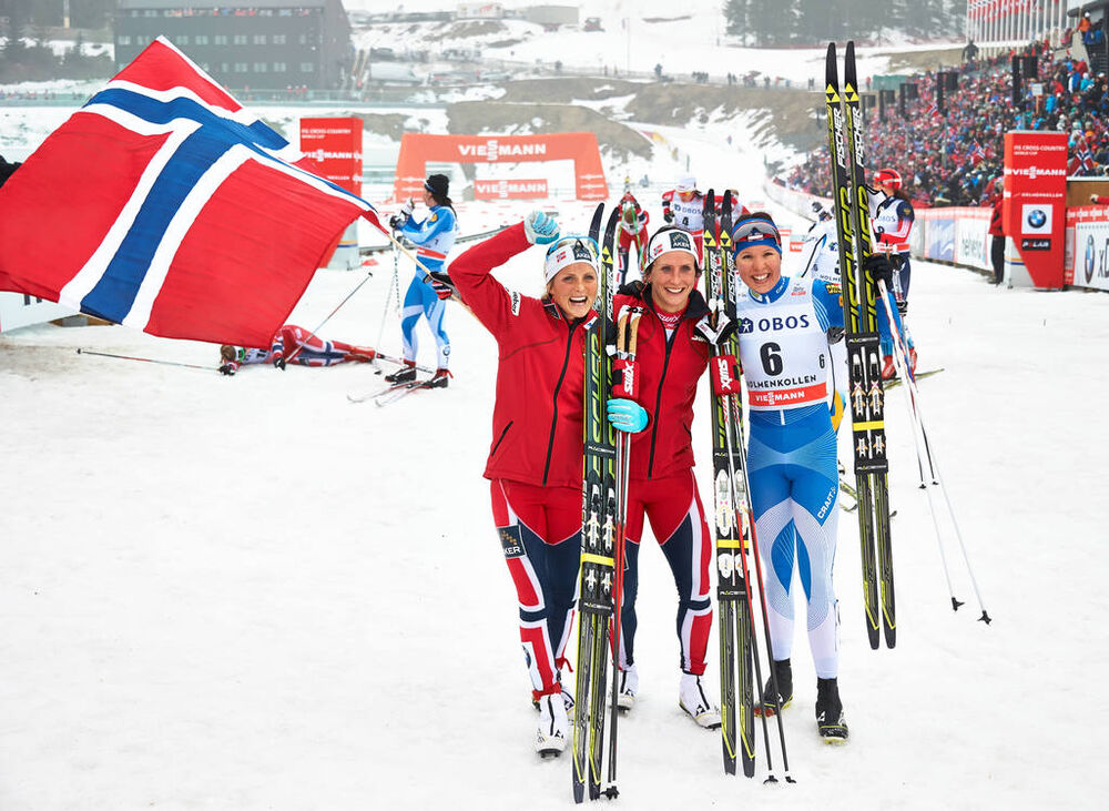 09.03.2014, Oslo, Norway (NOR): Therese Johaug (NOR), Marit Bjoergen (NOR), Kerttu Niskanen (FIN), (l-r)- FIS world cup cross-country, mass women, Oslo (NOR). www.nordicfocus.com. © Felgenhauer/NordicFocus. Every downloaded picture is fee-liable.