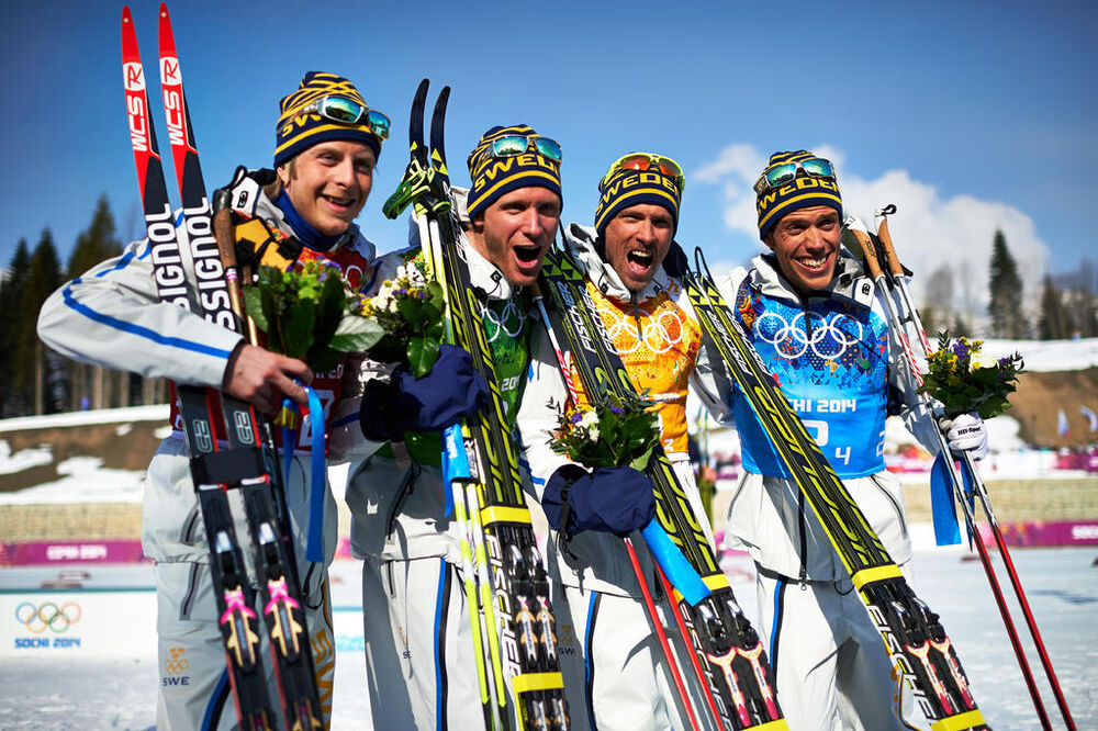 16.02.2014, Sochi, Russia (RUS): Lars Nelson (SWE), Daniel Richardsson (SWE), Johan Olsson (SWE), Marcus Hellner (SWE), (l-r)- XXII. Olympic Winter Games Sochi 2014, cross-country, 4x10km men, Sochi (RUS). www.nordicfocus.com. © NordicFocus. Every downl