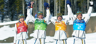 16.02.2014, Sochi, Russia (RUS): Lars Nelson (SWE), Daniel Richardsson (SWE), Johan Olsson (SWE), Marcus Hellner (SWE), (l-r)- XXII. Olympic Winter Games Sochi 2014, cross-country, 4x10km men, Sochi (RUS). www.nordicfocus.com. Â© NordicFocus. Every dow