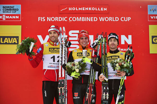 08.03.2014, Oslo, Norway (NOR): Magnus Moan (NOR), Johannes Rydzek (GER), Francois Braud (FRA), (l-r)- FIS world cup nordic combined, individual gundersen HS134/10km, Oslo (NOR). www.nordicfocus.com. © Laiho/NordicFocus. Every downloaded picture is fee- NordicFocus