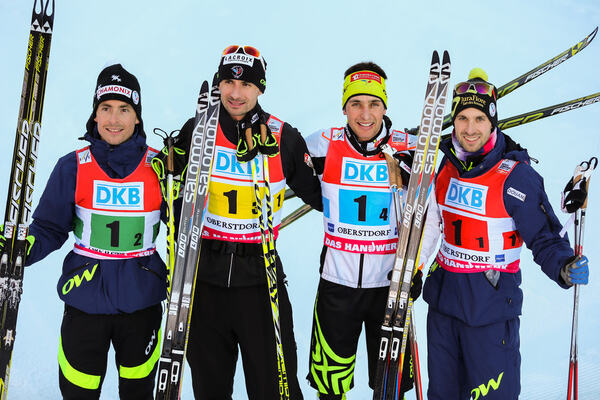 25.01.2014, Oberstdorf, Germany (GER): (l-r) Francois Braud (FRA), Fischer, One Way, Rottefella, Sebastian Lacroix (FRA), Salomon, One Way, Jason Lamy Chappuis (FRA), Salomon, Swix, One Way and Maxime Laheurte (FRA), Fischer, Swix, Rottefella, One Way- F NordicFocus