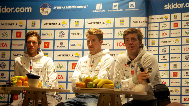 HERRLANDSLAGET, här representerade med Marcus Hellner, Teodor Peterson och Calle Halfvarsson på Skidforum i Solna. Foto: THORD ERIC NILSSON