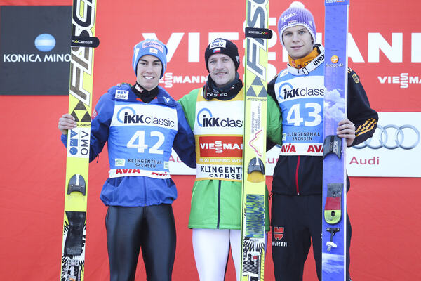 23.11.2014, Klingenthal, Germany (GER): podium, Stefan Kraft (AUT), Fischer, Roman Koudelka (CZE), Fischer, Andreas Wellinger (GER), fluege.de- FIS world cup ski jumping, individual HS140, Klingenthal (GER). www.nordicfocus.com. © Domanski/NordicFocus. NordicFocus