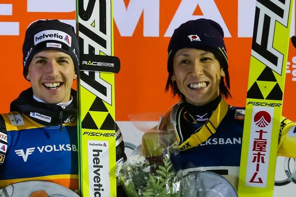 28.11.2014, Ruka, Finland (FIN): (l-r) Daiki Ito (JPN), Fischer, Simon Ammann (SUI), Fischer and Noriaki Kasai (JPN), Fischer- FIS world cup ski jumping, individual HS142, Ruka (FIN). www.nordicfocus.com. Â© Laiho/NordicFocus. Every downloaded picture NordicFocus