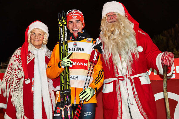 29.11.2014, Ruka, Finland (FIN): Johannes Rydzek (GER) and Santa Claus- FIS world cup nordic combined, individual gundersen HS142/10km, Ruka (FIN). www.nordicfocus.com. © Felgenhauer/NordicFocus. Every downloaded picture is fee-liable. NordicFocus