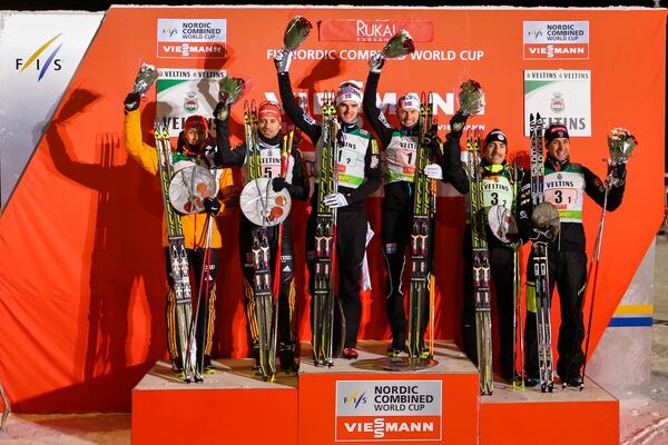 30.11.2014, Ruka, Finland (FIN): (l-r) Eric Frenzel (GER), Fischer, Leki, Rottefella, Adidas, Bjoern Kircheisen (GER), Fischer, Leki, Rottefella, Adidas, Joergen Graabak (NOR), Fischer, Swix, Alpina, Rottefella, Haavard Klemetsen (NOR), Fischer, Swix, Alp NordicFocus