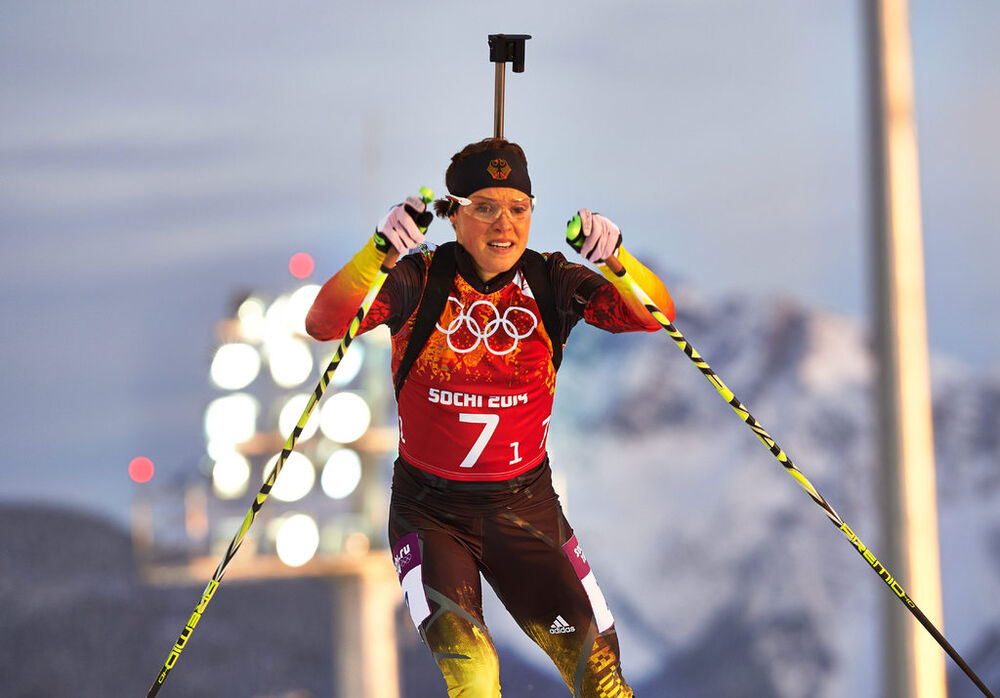 19.02.2014, Sochi, Russia (RUS): Evi Sachenbacher-Stehle (GER)- XXII. Olympic Winter Games Sochi 2014, biathlon, relay mixed, Sochi (RUS). www.nordicfocus.com. © NordicFocus. Every downloaded picture is fee-liable.