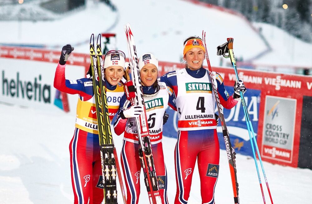 05.12.2014, Lillehammer, Norway (NOR): Marit Bjoergen (NOR), Heidi Weng (NOR), Celine Brun-Lie (NOR), (l-r) - FIS world cup cross-country, individual sprint, Lillehammer (NOR). www.nordicfocus.com. Â© Felgenhauer/NordicFocus. Every downloaded picture i