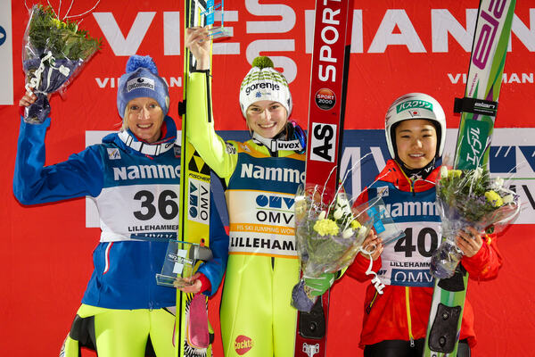 05.12.2014, Lillehammer, Norway (NOR): (l-r) Daniela Iraschko-Stolz (AUT), Fischer, Spela Rogelj (SLO) and Sara Takanashi (JPN), Elan- FIS world cup ski jumping ladies, individual HS100, Lillehammer (NOR). www.nordicfocus.com. © Laiho/NordicFocus. Every NordicFocus