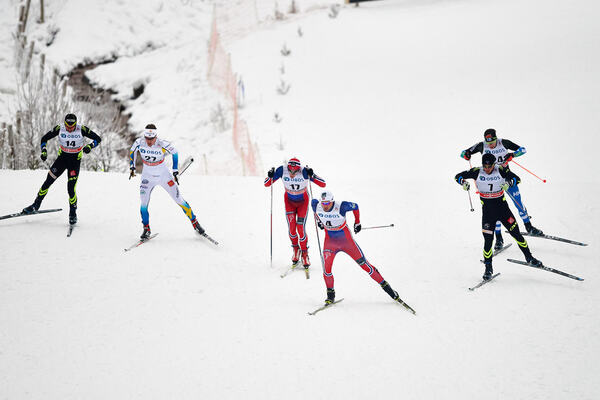 05.12.2014, Lillehammer, Norway (NOR): Paul Goalabre (FRA), Anders Gloeersen (NOR), Teodor Peterson (SWE), Petter Northug (NOR), Martti Jylhae (FIN), Baptiste Gros (FRA), (l-r) - FIS world cup cross-country, individual sprint, Lillehammer (NOR). www.nord NordicFocus
