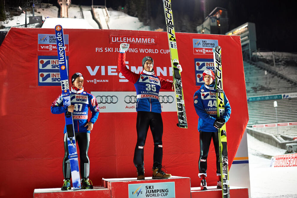 06.12.2014, Lillehammer, Norway (NOR): Anders Fannemel (NOR), Gregor Schlierenzauer (AUT), Michael Hayboeck (AUT), (l-r)- FIS world cup ski jumping, individual HS138, Lillehammer (NOR). www.nordicfocus.com. © Felgenhauer/NordicFocus. Every downloaded pi