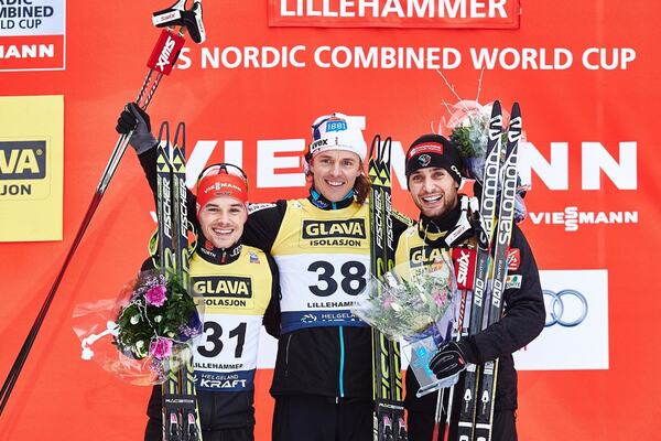 07.12.2014, Lillehammer, Norway (NOR): Fabian Riessle (GER), Mikko Kokslien (NOR), Jason Lamy Chappuis (FRA), (l-r)- FIS world cup nordic combined, individual gundersen HS138/10km, Lillehammer (NOR). www.nordicfocus.com. Â© Felgenhauer/NordicFocus. Eve NordicFocus