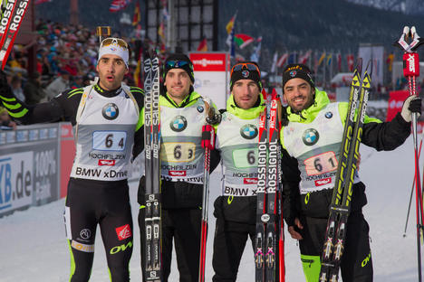 13.12.2014, Hochfilzen, Austria (AUT): Martin Fourcade (FRA), Simon Desthieux (FRA), Jean Guillaume Beatrix (FRA), Simon Fourcade (FRA)- IBU world cup biathlon, relay women, Hochfilzen (AUT). www.nordicfocus.com. © Manzoni/NordicFocus. Every downloaded NordicFocus 13.12.2014, Hochfilzen, Austria (AUT): Martin Fourcade (FRA), Simon Desthieux (FRA), Jean Guillaume Beatrix (FRA), Simon Fourcade (FRA)- IBU world cup biathlon, relay women, Hochfilzen (AUT). www.nordicfocus.com. © Manzoni/NordicFocus. Every downloaded