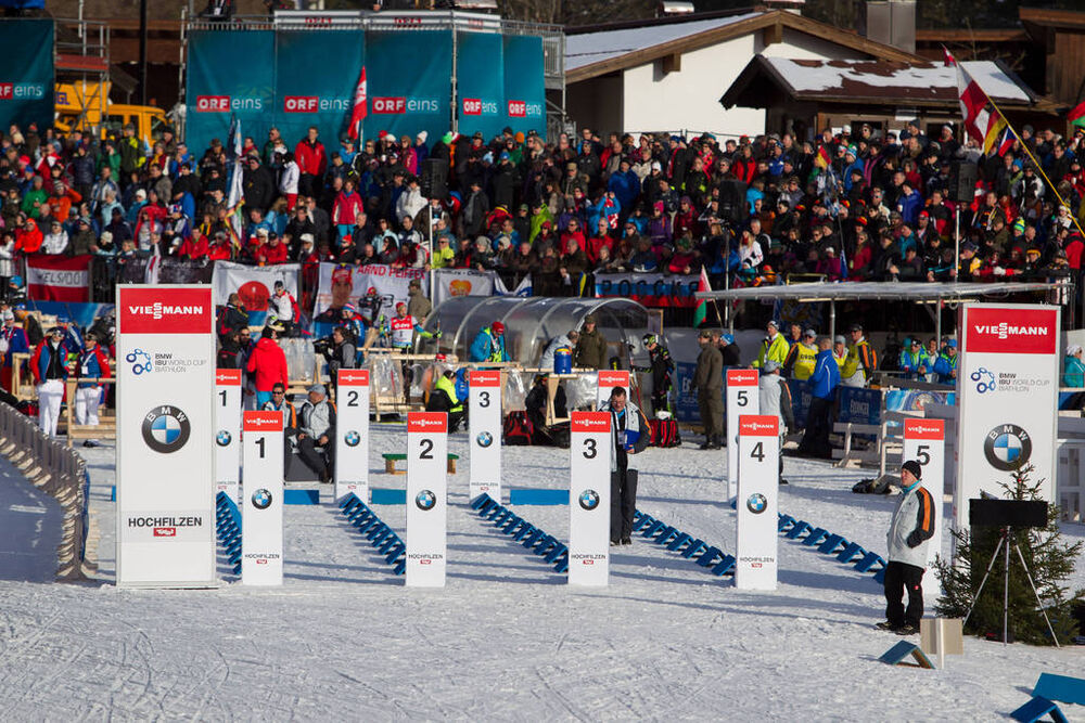 14.12.2014, Hochfilzen, Austria (AUT): Event Feature: The start area in Hochfilzen- IBU world cup biathlon, pursuit men, Hochfilzen (AUT). www.nordicfocus.com. © Manzoni/NordicFocus. Every downloaded picture is fee-liable.