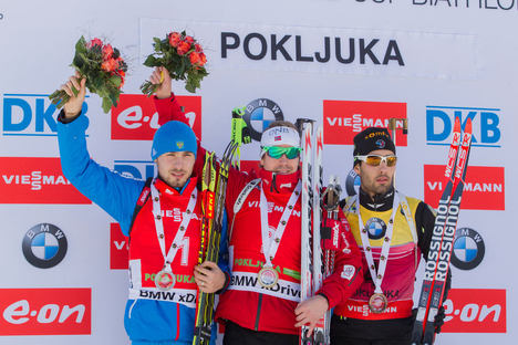 20.12.2014, Pokljuka, Slovenia (SLO): Anton Shipulin (RUS), Emil Hegle Svendsen (NOR), Martin Fourcade (FRA)- IBU world cup biathlon, pursuit men, Pokljuka (SLO). www.nordicfocus.com. © Manzoni/NordicFocus. Every downloaded picture is fee-liable. NordicFocus 20.12.2014, Pokljuka, Slovenia (SLO): Anton Shipulin (RUS), Emil Hegle Svendsen (NOR), Martin Fourcade (FRA)- IBU world cup biathlon, pursuit men, Pokljuka (SLO). www.nordicfocus.com. © Manzoni/NordicFocus. Every downloaded picture is fee-liable.