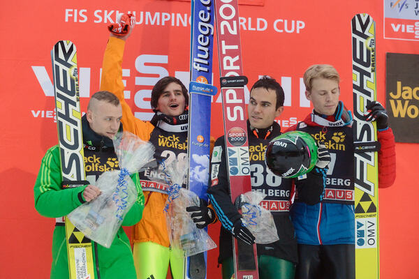 20.12.2014, Engelberg, Switzerland (SUI): Roman Koudelka (CZE), Richard Freitag (GER), Jernej Damjan (SLO), Michael Hayboeck (AUT), (l-r) - FIS world cup ski jumping, individual HS137, Engelberg (SUI). www.nordicfocus.com. © Rauschendorfer/NordicFocus. E NordicFocus