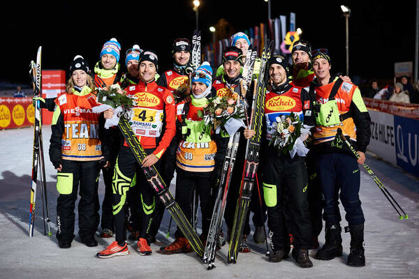 20.12.2014, Ramsau, Austria (AUT): Team France with Francois Braud (FRA), Sebastien Lacroix (FRA), Jason Lamy Chappuis (FRA), Maxime Laheurte (FRA), (l-r) - FIS world cup nordic combined, team sprint HS98/2x7.5km, Ramsau (AUT). www.nordicfocus.com. © Fe NordicFocus