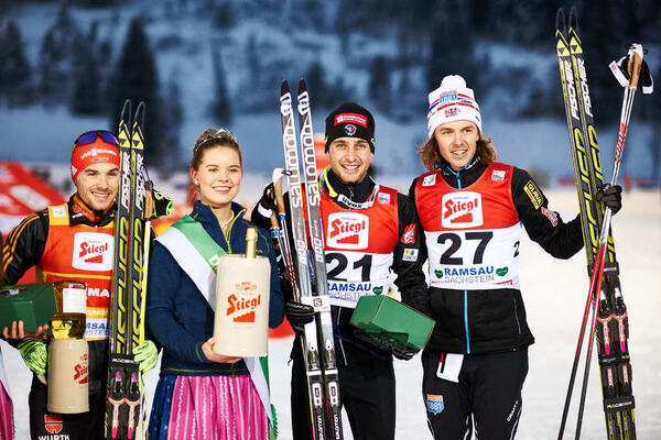 21.12.2014, Ramsau, Austria (AUT): Fabian Riessle (GER), the Dachsteinkönigin, Jason Lamy Chappuis (FRA), Mikko Kokslien (NOR), (l-r) - FIS world cup nordic combined, individual gundersen HS98/10km, Ramsau (AUT). www.nordicfocus.com. © Felgenhauer/Nord NordicFocus