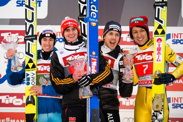 04.01.2015, Innsbruck, Austria (AUT): (l-r) Stefan Kraft (AUT), Fischer, Richard Freitag (GER), Simon Ammann (SUI), Fischer and Noriaki Kasai (JPN), Fischer- FIS world cup ski jumping, four hills tournament, individual HS130, Innsbruck (AUT). www.nordicf NordicFocus