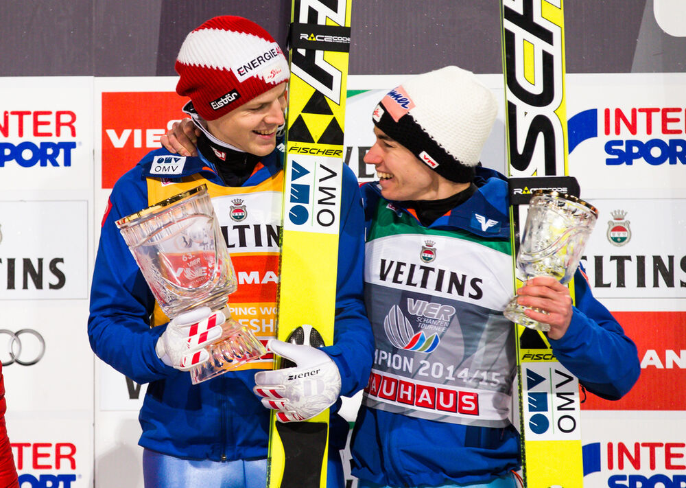 06.01.2015, Bischofshofen, Austria (AUT): (l-r) Michael Hayboeck (AUT), Fischer and Stefan Kraft (AUT), Fischer- FIS world cup ski jumping, four hills tournament, individual HS140, Bischofshofen (AUT). www.nordicfocus.com. © Laiho/NordicFocus. Every dow