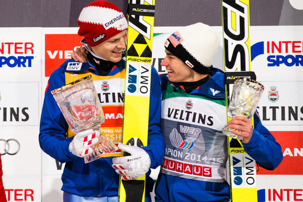 06.01.2015, Bischofshofen, Austria (AUT): (l-r) Michael Hayboeck (AUT), Fischer and Stefan Kraft (AUT), Fischer- FIS world cup ski jumping, four hills tournament, individual HS140, Bischofshofen (AUT). www.nordicfocus.com. © Laiho/NordicFocus. Every dow NordicFocus