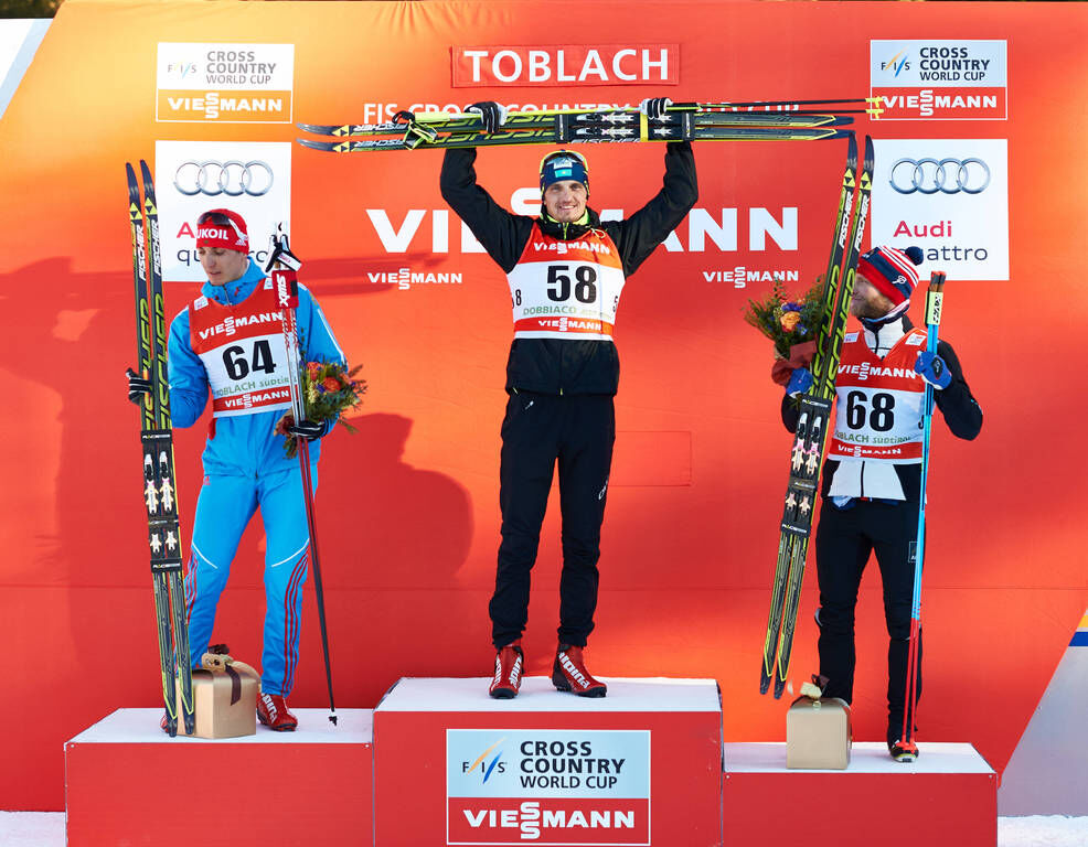 07.01.2015, Cortina-Toblach, Italy (ITA): Evgeniy Belov (RUS), Alexey Poltoranin (KAZ), Martin Johnsrud Sundby (NOR), (l-r)- FIS world cup cross-country, tour de ski, 10km men, Cortina-Toblach (ITA). www.nordicfocus.com. © Felgenhauer/NordicFocus. Every