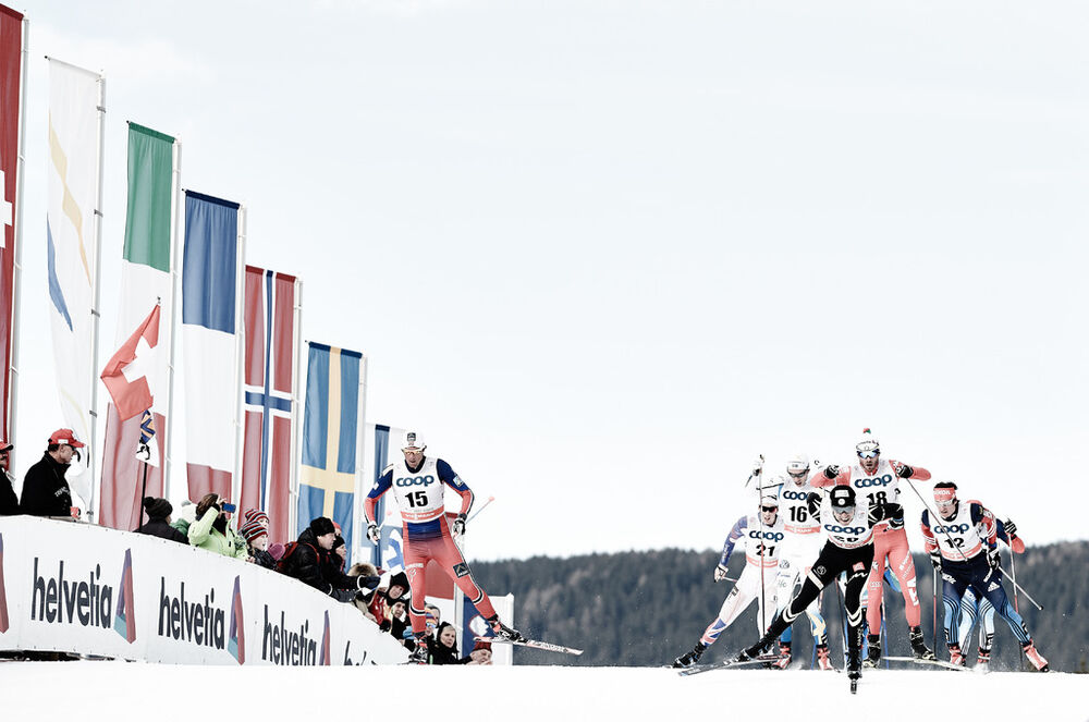 08.01.2015, Cortina-Toblach, Italy (ITA): Chris Andre Jespersen (NOR), Andrew Musgrave (GBR), Marcus Hellner (SWE), Maurice Manificat (FRA), Roland Clara (ITA), Maxim Vylegzhanin (RUS), (l-r) - FIS world cup cross-country, tour de ski, pursuit men, Corti