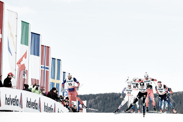 08.01.2015, Cortina-Toblach, Italy (ITA): Chris Andre Jespersen (NOR), Andrew Musgrave (GBR), Marcus Hellner (SWE), Maurice Manificat (FRA), Roland Clara (ITA), Maxim Vylegzhanin (RUS), (l-r) - FIS world cup cross-country, tour de ski, pursuit men, Corti NordicFocus