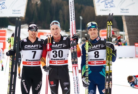 10.01.2015, Val di Fiemme, Italy (ITA): Dario Cologna (SUI), Tim Tscharnke (GER), Alexey Poltoranin (KAZ), (l-r) - FIS world cup cross-country, tour de ski, mass men, Val di Fiemme (ITA). www.nordicfocus.com. © Felgenhauer/NordicFocus. Every downloade NordicFocus 10.01.2015, Val di Fiemme, Italy (ITA): Dario Cologna (SUI), Tim Tscharnke (GER), Alexey Poltoranin (KAZ), (l-r) - FIS world cup cross-country, tour de ski, mass men, Val di Fiemme (ITA). www.nordicfocus.com. © Felgenhauer/NordicFocus. Every downloade