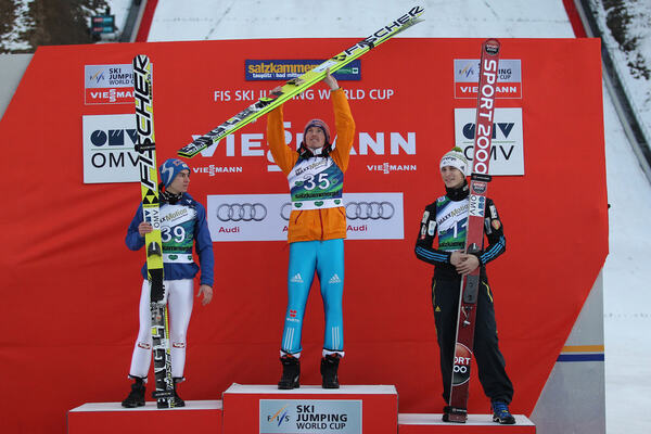 10.01.2015, Bad Mitterndorf, Austria (AUT): Stefan Kraft (AUT), Fischer , Severin Freund (GER), Fischer , Jurij Tepes (SLO) , SPORT 2000 (l-r)- FIS world cup ski jumping, individual HS200, Bad Mitterndorf (AUT). www.nordicfocus.com. © Domanski/NordicFoc NordicFocus