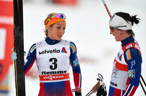 10.01.2015, Val di Fiemme, Italy (ITA): Therese Johaug (NOR), Marit Bjoergen (NOR), (l-r) - FIS world cup cross-country, tour de ski, mass women, Val di Fiemme (ITA). www.nordicfocus.com. © Felgenhauer/NordicFocus. Every downloaded picture is fee-liable NordicFocus 10.01.2015, Val di Fiemme, Italy (ITA): Therese Johaug (NOR), Marit Bjoergen (NOR), (l-r) - FIS world cup cross-country, tour de ski, mass women, Val di Fiemme (ITA). www.nordicfocus.com. © Felgenhauer/NordicFocus. Every downloaded picture is fee-liable