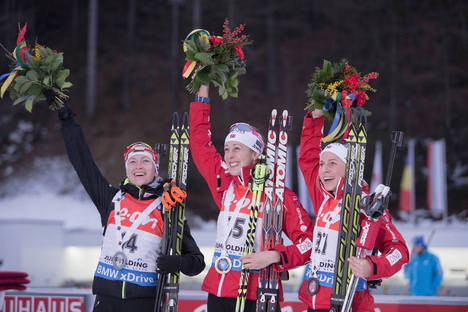16.01.2015, Ruhpolding, Germany (GER): Darya Domracheva (BLR), Fanny Welle-Strand Horn (NOR), Tiril Eckhoff (NOR) - IBU world cup biathlon, sprint women, Ruhpolding (GER). www.nordicfocus.com. © Manzoni/NordicFocus. Every downloaded picture is fee-liabl NordicFocus 16.01.2015, Ruhpolding, Germany (GER): Darya Domracheva (BLR), Fanny Welle-Strand Horn (NOR), Tiril Eckhoff (NOR) - IBU world cup biathlon, sprint women, Ruhpolding (GER). www.nordicfocus.com. © Manzoni/NordicFocus. Every downloaded picture is fee-liabl