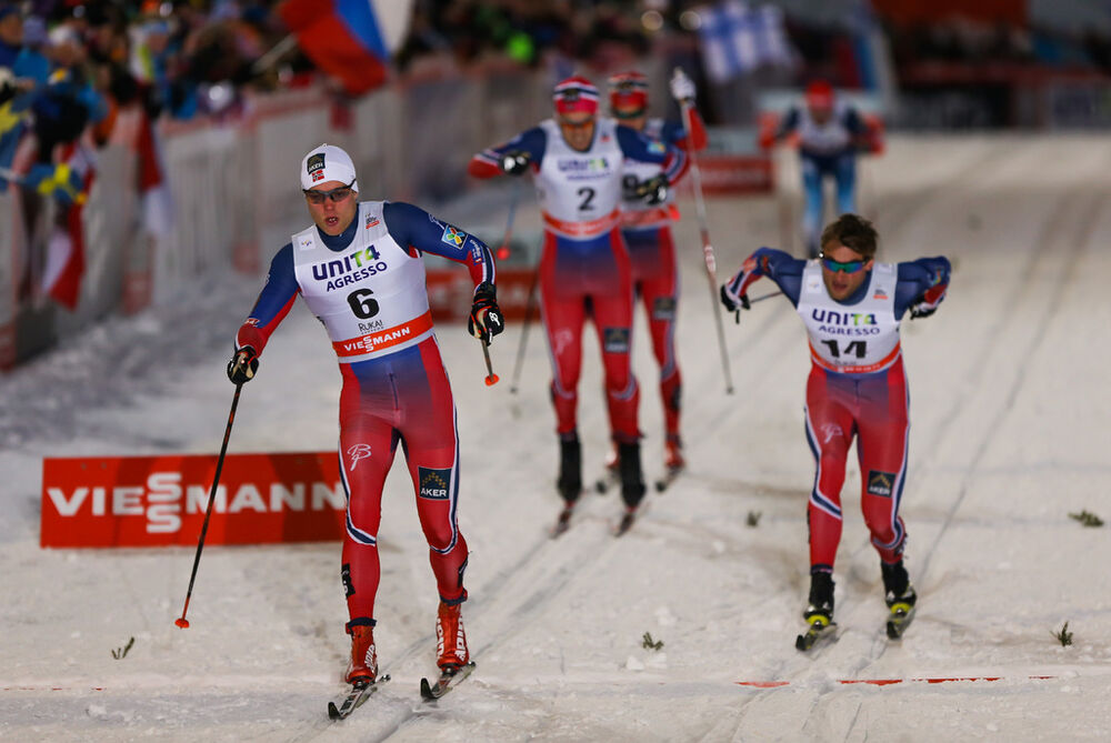 29.11.2014, Ruka, Finland (FIN): (l-r) Eirik Brandsdal (NOR), Fischer, Alpina, Rottefella and Petter Northug (NOR), Fischer, Swix, Rottefella- FIS world cup cross-country, individual sprint, Ruka (FIN). www.nordicfocus.com. © Laiho/NordicFocus. Every do