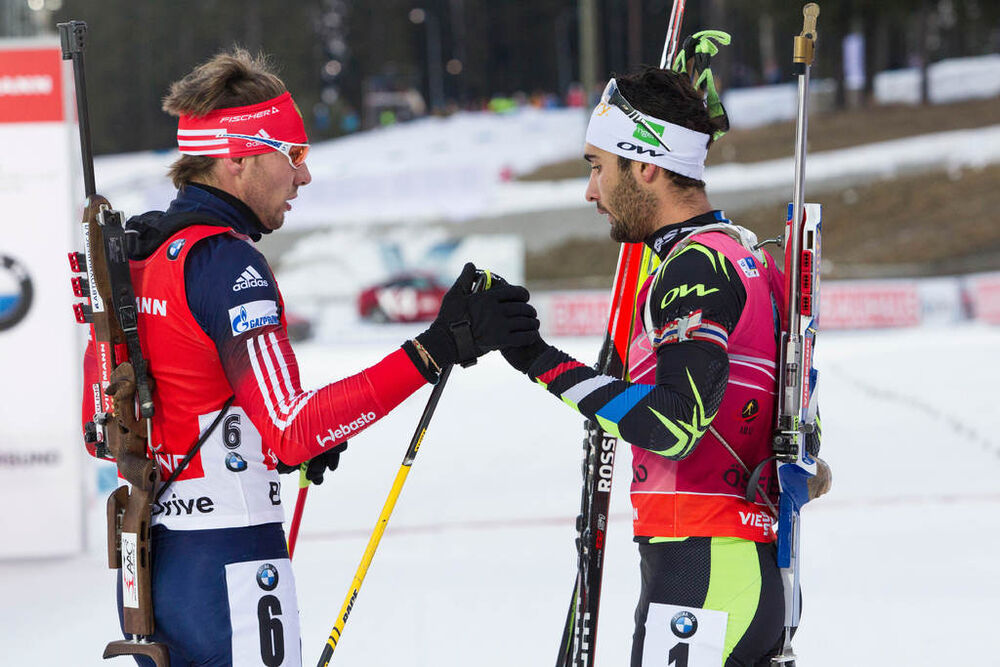 07.12.2014, Oestersund, Sweden (SWE): Anton Shipulin (RUS), Martin Fourcade (FRA) - IBU world cup biathlon, pursuit men, Oestersund (SWE). www.nordicfocus.com. © Manzoni/NordicFocus. Every downloaded picture is fee-liable.