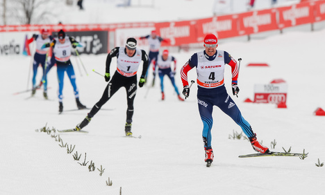 25.01.2015, Rybinsk, Russia (RUS): Maxim Vylegzhanin (RUS), Fischer, Swix, Alpina, Rottefella, Adidas followed by Dario Cologna (SUI), Fischer, One Way, Rottefella, Odlo and Matti Heikkinen (FIN), Salomon, One Way- FIS world cup cross-country, skiathlon NordicFocus 25.01.2015, Rybinsk, Russia (RUS): Maxim Vylegzhanin (RUS), Fischer, Swix, Alpina, Rottefella, Adidas followed by Dario Cologna (SUI), Fischer, One Way, Rottefella, Odlo and Matti Heikkinen (FIN), Salomon, One Way- FIS world cup cross-country, skiathlon