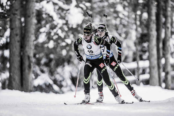 24.01.2015, Antholz, Italy (ITA): Marie Dorin (FRA), Enora Latuilliere (FRA)- IBU world cup biathlon, pursuit men, Antholz (ITA). www.nordicfocus.com. © Manzoni/NordicFocus. Every downloaded picture is fee-liable. NordicFocus