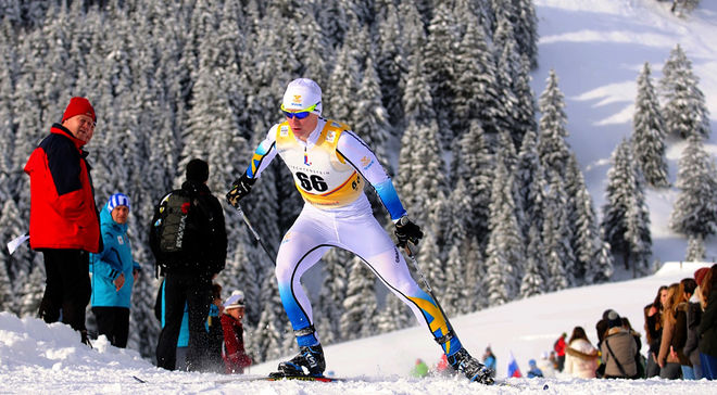 HUGO JACOBSSON var 8:a på sprinten vid ungdoms-OS i Liechtenstein. Här från gårdagens tävling. Foto: HENNING WIIG