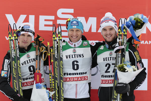 30.01.2015, Val di Fiemme, Italy (ITA): Jan Schmid (NOR), Bernhard Gruber (AUT), Joergen Graabak (NOR) - FIS world cup nordic combined, individual gundersen HS134/10km, Val di Fiemme (ITA). www.nordicfocus.com. © Modica/NordicFocus. Every downloaded NordicFocus