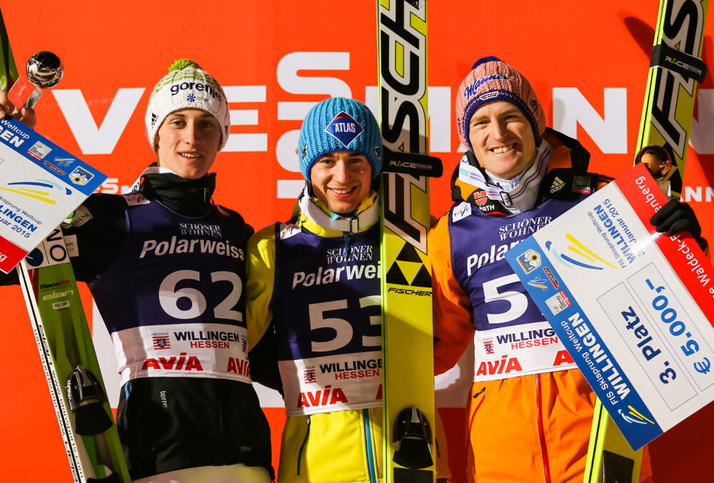 30.01.2015, Willingen, Germany (GER): (l-r) Peter Prevc (SLO), Kamil Stoch (POL), Fischer and Severin Freund (GER), Fischer- FIS world cup ski jumping, individual HS145, Willingen (GER). www.nordicfocus.com. © Laiho/NordicFocus. Every downloaded picture
