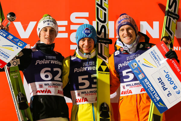 30.01.2015, Willingen, Germany (GER): (l-r) Peter Prevc (SLO), Kamil Stoch (POL), Fischer and Severin Freund (GER), Fischer- FIS world cup ski jumping, individual HS145, Willingen (GER). www.nordicfocus.com. © Laiho/NordicFocus. Every downloaded picture NordicFocus